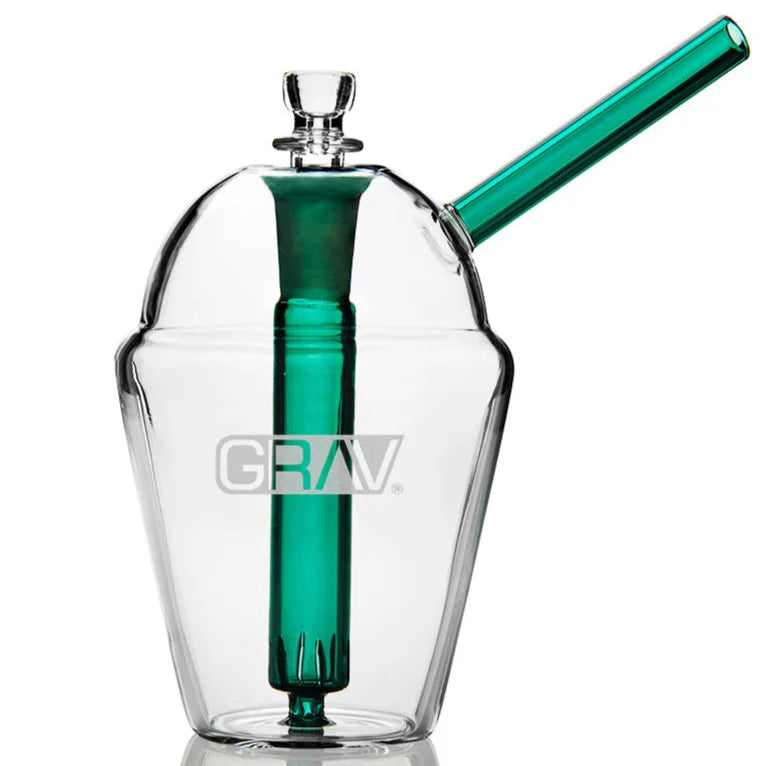 Grav Slush Cup Bubbler 6-inch borosilicate glass Green with cross-cut diffuser downstem, angled mouthpiece and 14mm cup bowl