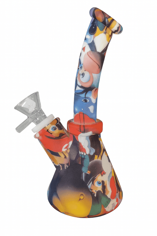 Cartoon Printed Silicone Bong 16.5cm with glass bowl in colorful character design for portable travel-friendly sessions