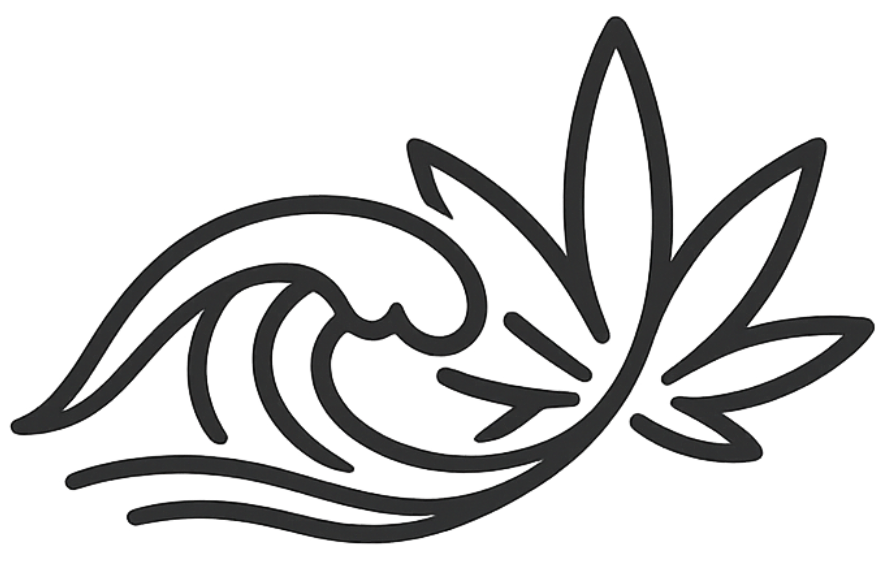 Black line art of a wave and leaf on a white background