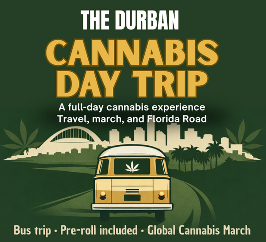 Promotional flyer for 'The Durban Cannabis Day Trip' with a van and cityscape illustration on a green background.