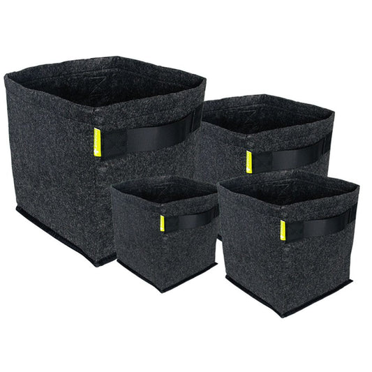 Set of four black fabric Garden HighPro ProPots storage bins with handles drainage and aeration for vegetables flowers and shrubs