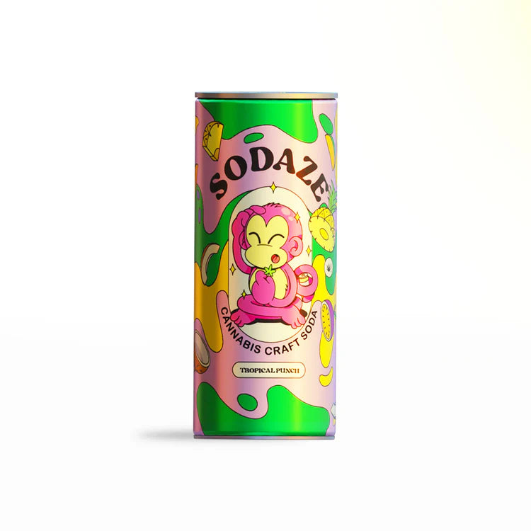 Sodaze Tropical Punch Cannabis Craft Soda 250ml – Green Pink Can, Infused Tropical Drink