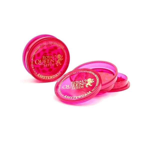 RQS 2-piece acrylic herb grinder in blue, green, red and clear with Royal Queen Seeds logo