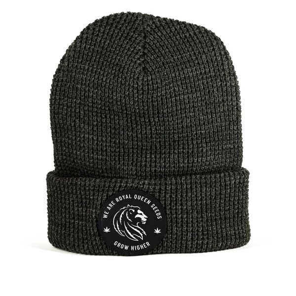 Royal Queen Seeds waffle knit acrylic beanie with woven RQS cannabis patch in black and heather charcoal
